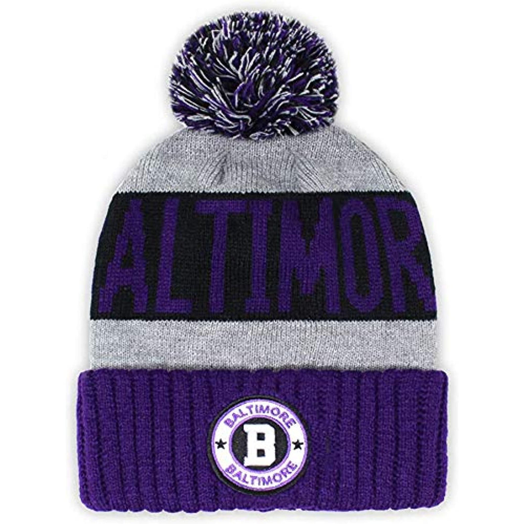 Baltimore Men's Winter Knit Landmark Patch Pom Beanie (Black/Dark Purple)