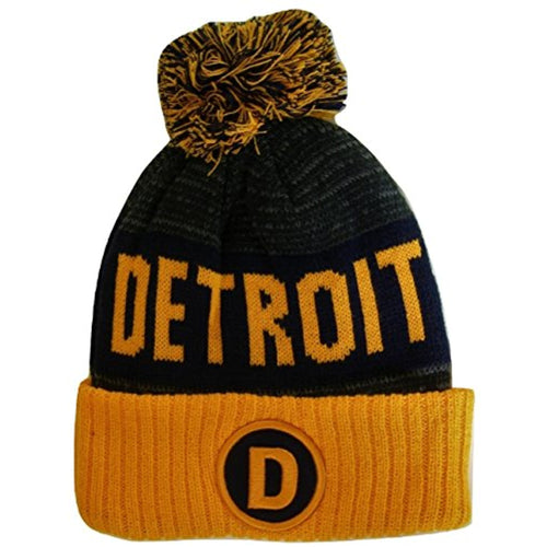 Detroit D Patch Ribbed Cuff Knit Winter Hat Pom Beanie (Orange/Navy Patch)