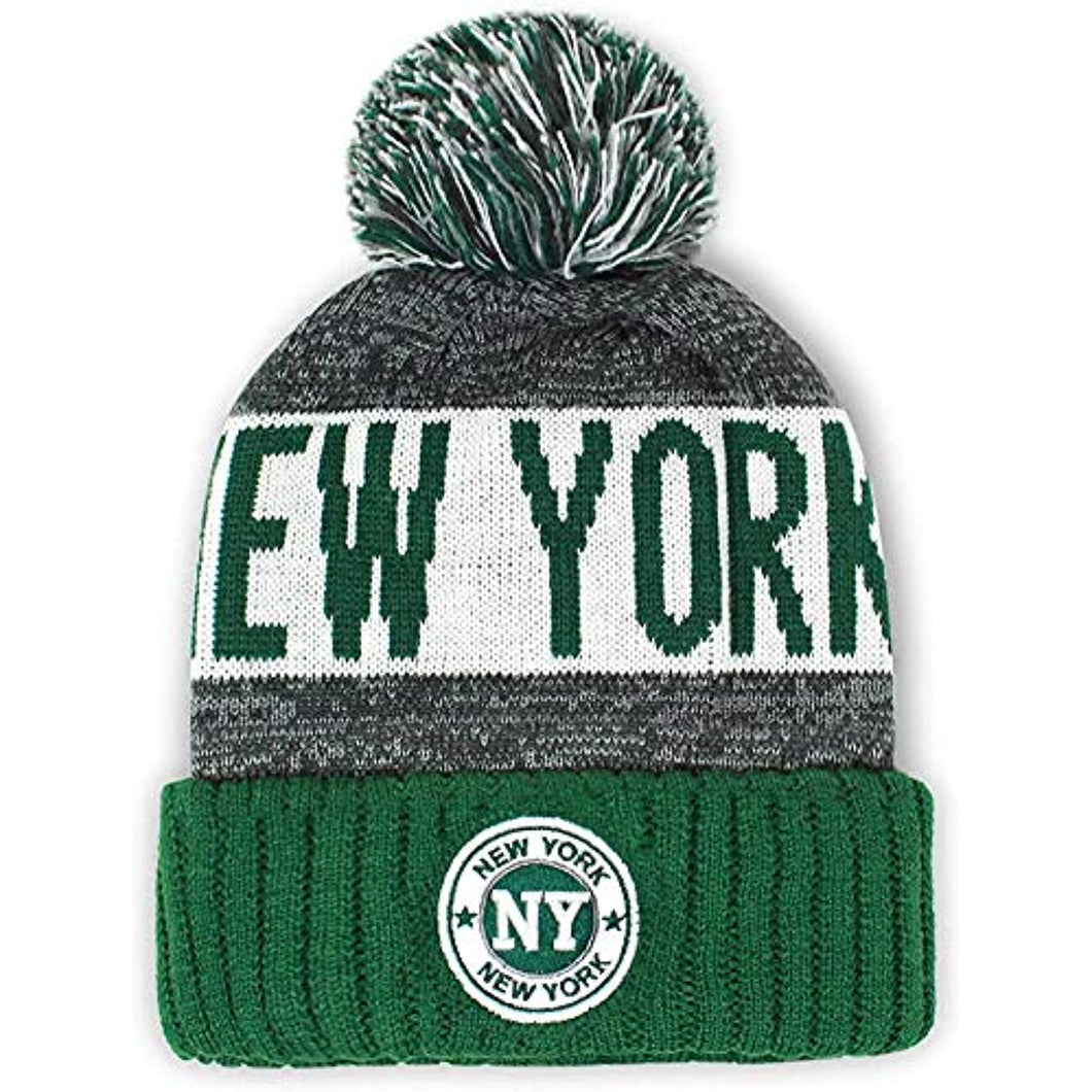 New York Men's Winter Knit Landmark Patch Pom Beanie (Green/White)