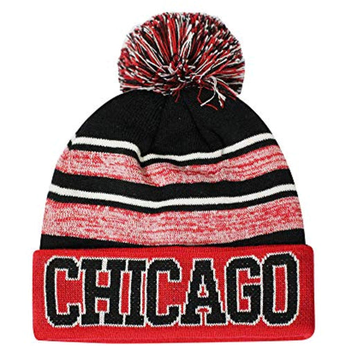 Chicago Men's Blended Stripe Winter Knit Pom Beanie Hat (Red/Black)