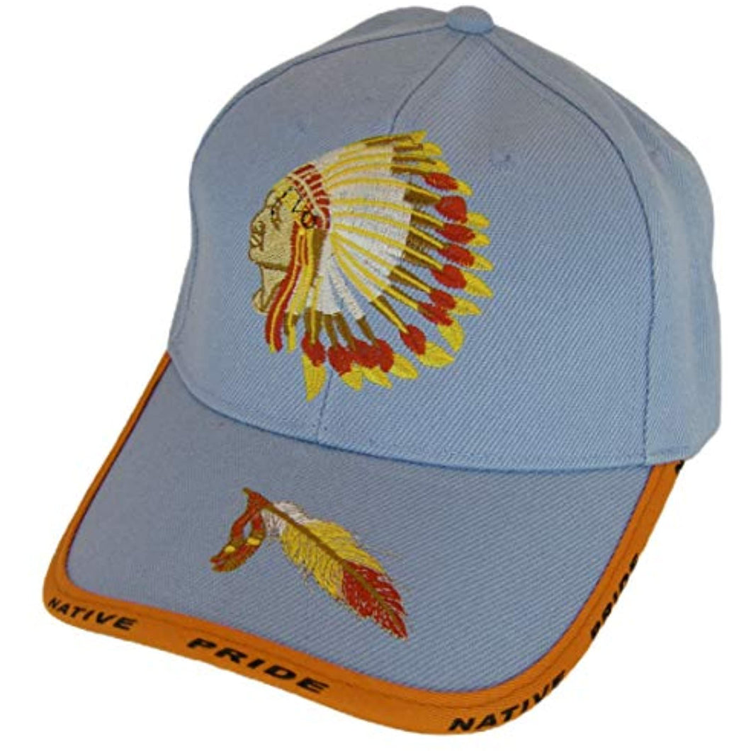 Native Pride Chieftan and Feather Adjustable Baseball Cap (Light Blue)