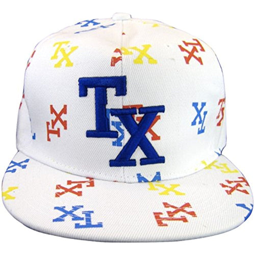 Texas Men's Fitted Flat Brim Baseball Caps (TX All Over White, X-Large)