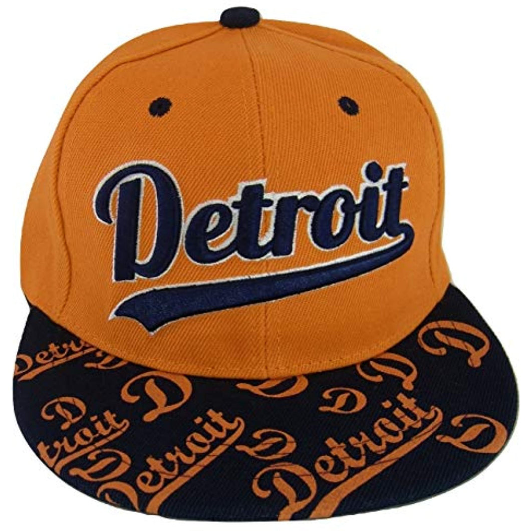 Detroit Script Print on Bill Adjustable Snapback Baseball Cap (Orange/Navy)