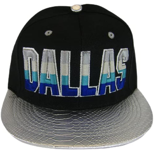 Dallas City Name Textured Brim Adjustable Snapback Baseball Cap (Black/Silver)