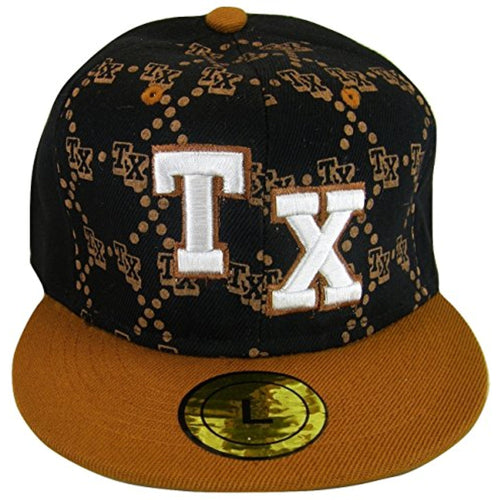 Texas Men's Fitted Flat Brim Baseball Caps (TX All Over Black/Orange, Large)