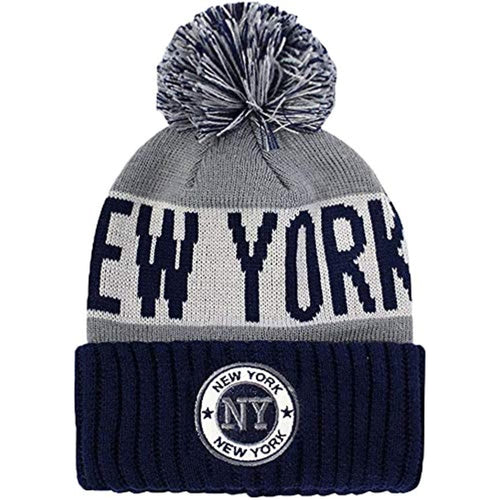 New York Men's Winter Knit Landmark Patch Pom Beanie (Navy/Light Gray)