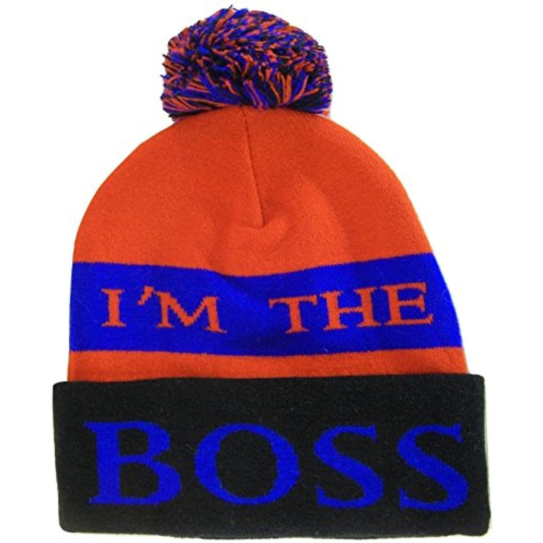 I'm The Boss Adult Size Tri-Color Striped Winter Knit Pom Beanie Hats (Red/Royal/Black)