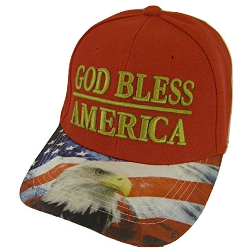 God Bless America Flag and Eagle Brim Patriotic Adjustable Baseball Cap (Red)