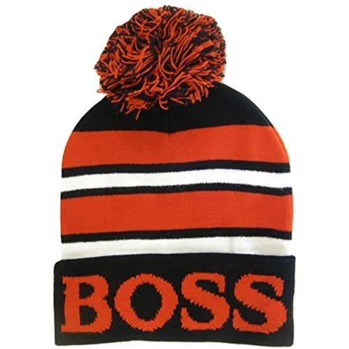 Boss Adult Size Tri-Color Striped Winter Knit Pom Beanie Hats (Black/Red)