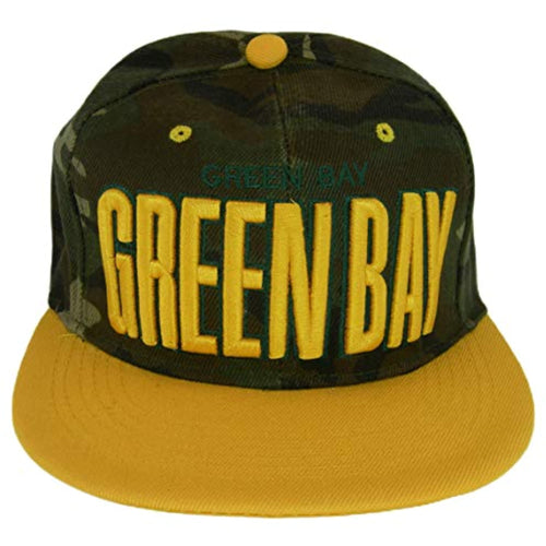 Green Bay Bold Script Men's Adjustable Snapback Baseball Caps (Camo/Gold)