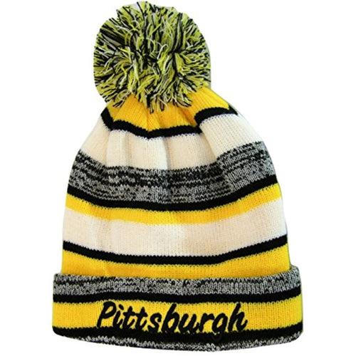 Pittsburgh 4-Color Embroidered Adult Size Thick Winter Knit Pom Beanie Hat (Black Script)