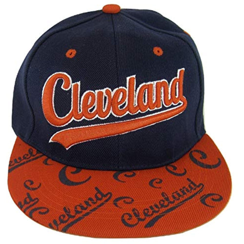 Cleveland Script Print on Bill Adjustable Snapback Baseball Cap (Navy/Red)