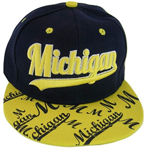 Michigan Script Print on Bill Adjustable Snapback Baseball Cap (Navy/Gold)