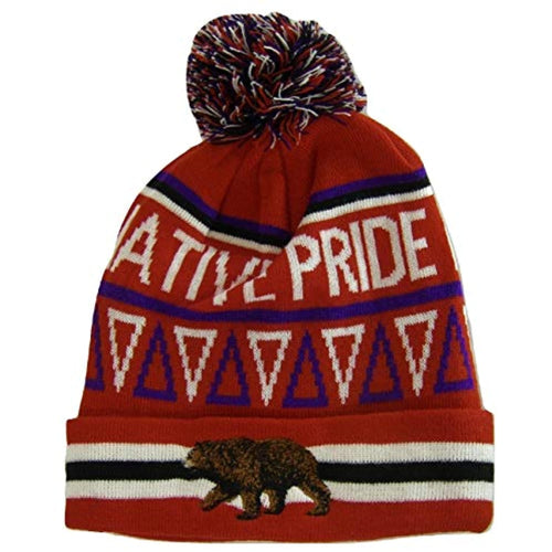 Native Pride Bear Cuffed Knit Winter Hat Pom Beanie (Red)