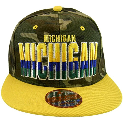 Michigan 4-Color Letters Men's Adjustable Snapback Baseball Caps (Camouflage/Gold)