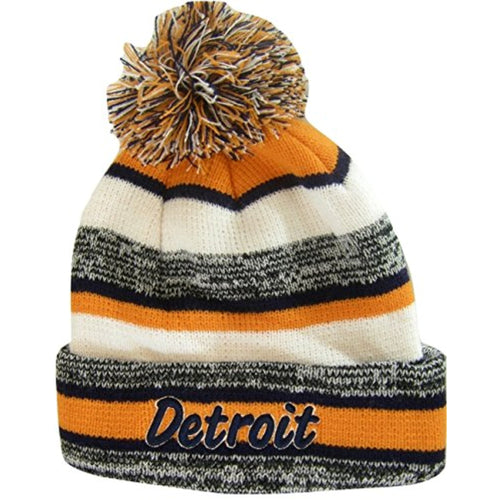 Detroit 4-Color Embroidered Adult Size Thick Winter Knit Pom Beanie Hat (Navy Script)