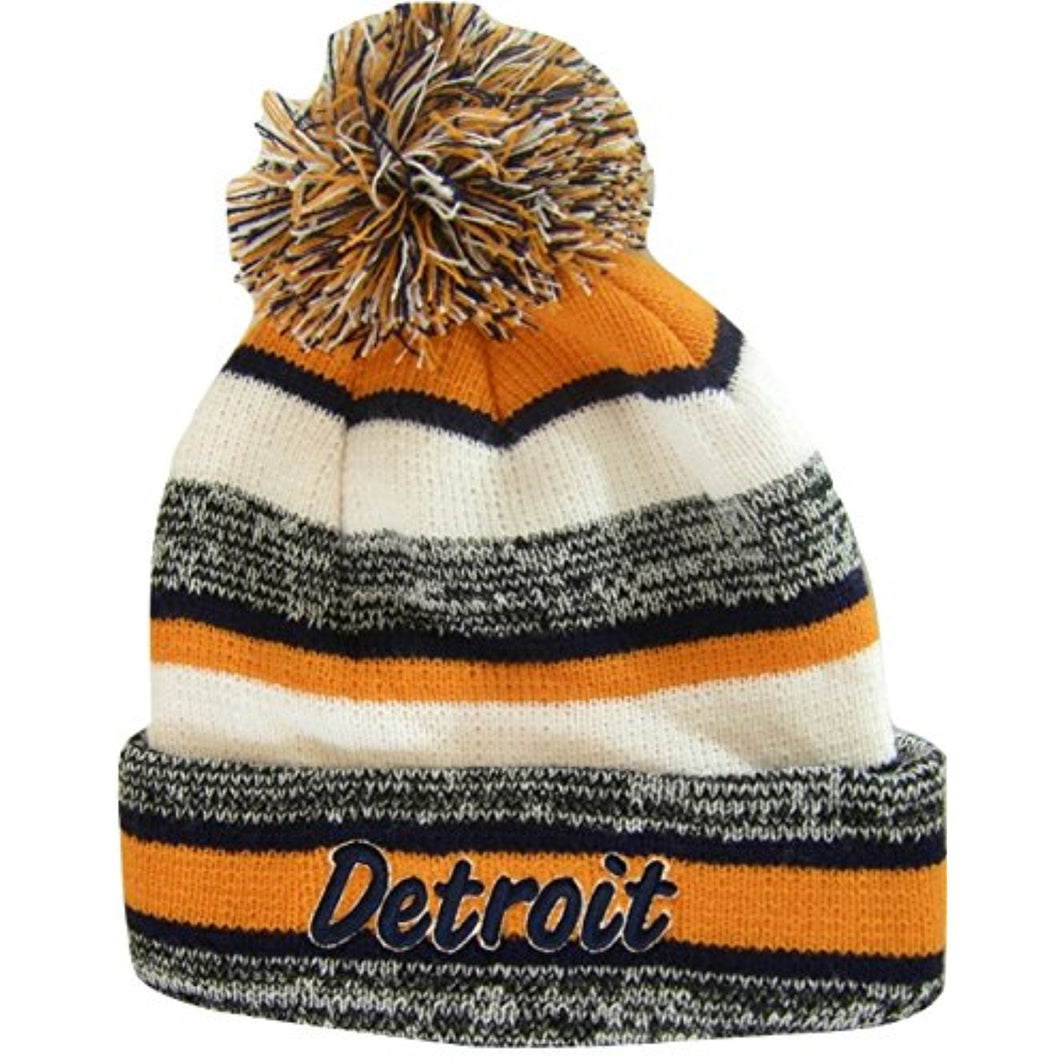 Detroit 4-Color Embroidered Adult Size Thick Winter Knit Pom Beanie Hat (Navy Script)