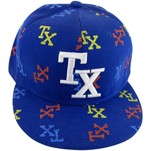 Texas Men's Fitted Flat Brim Baseball Caps (TX All Over Royal, X-Large)