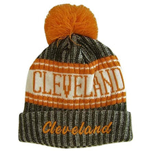 Cleveland Plush Lined Embroidered Winter Knit Pom Beanie Hat (Brown/Orange Script)