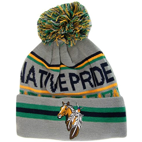 Native Pride Horse Cuffed Knit Winter Hat Pom Beanie (Light Gray)