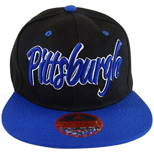 Pittsburgh Cursive Script Men's Adjustable Snapback Baseball Caps (Black/Royal)