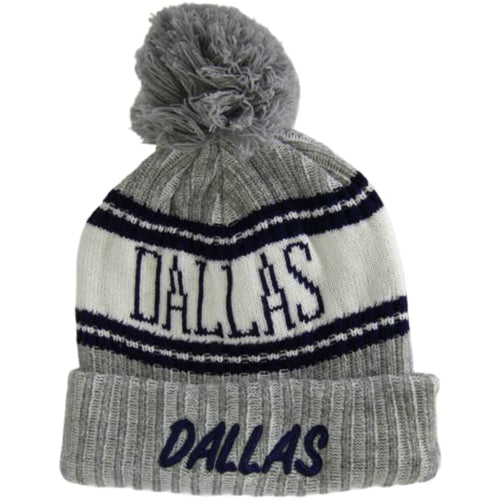 Dallas Plush Lined Embroidered Winter Knit Pom Beanie Hat (Gray)