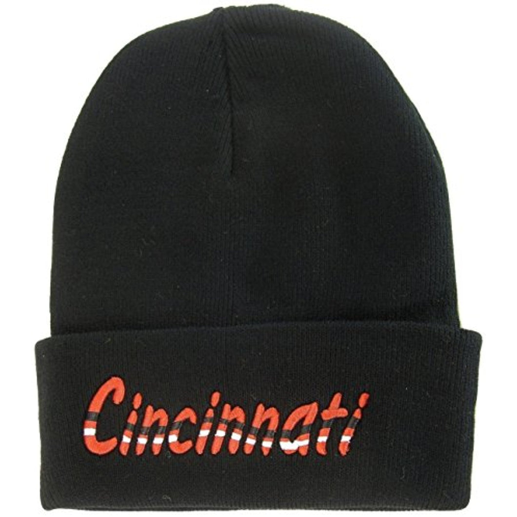 Cincinnati Adult Size Wavy Script Winter Knit Beanie Hat (Black)