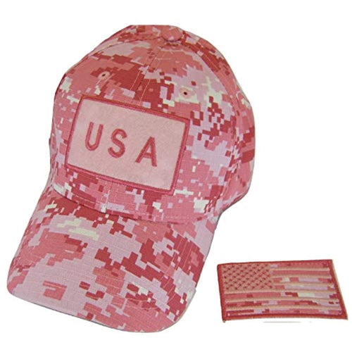 USA Camouflage Cotton Adjustable Baseball Cap with Detachable Patch (Pink Digital)