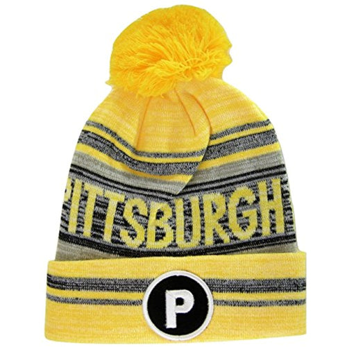 Pittsburgh P Patch Fade Out Cuffed Knit Winter Pom Beanie Hat (Gold/Black)