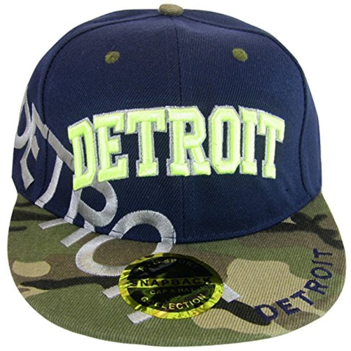 Detroit Large Script Men's Adjustable Snapback Baseball Caps (Navy/Camo)