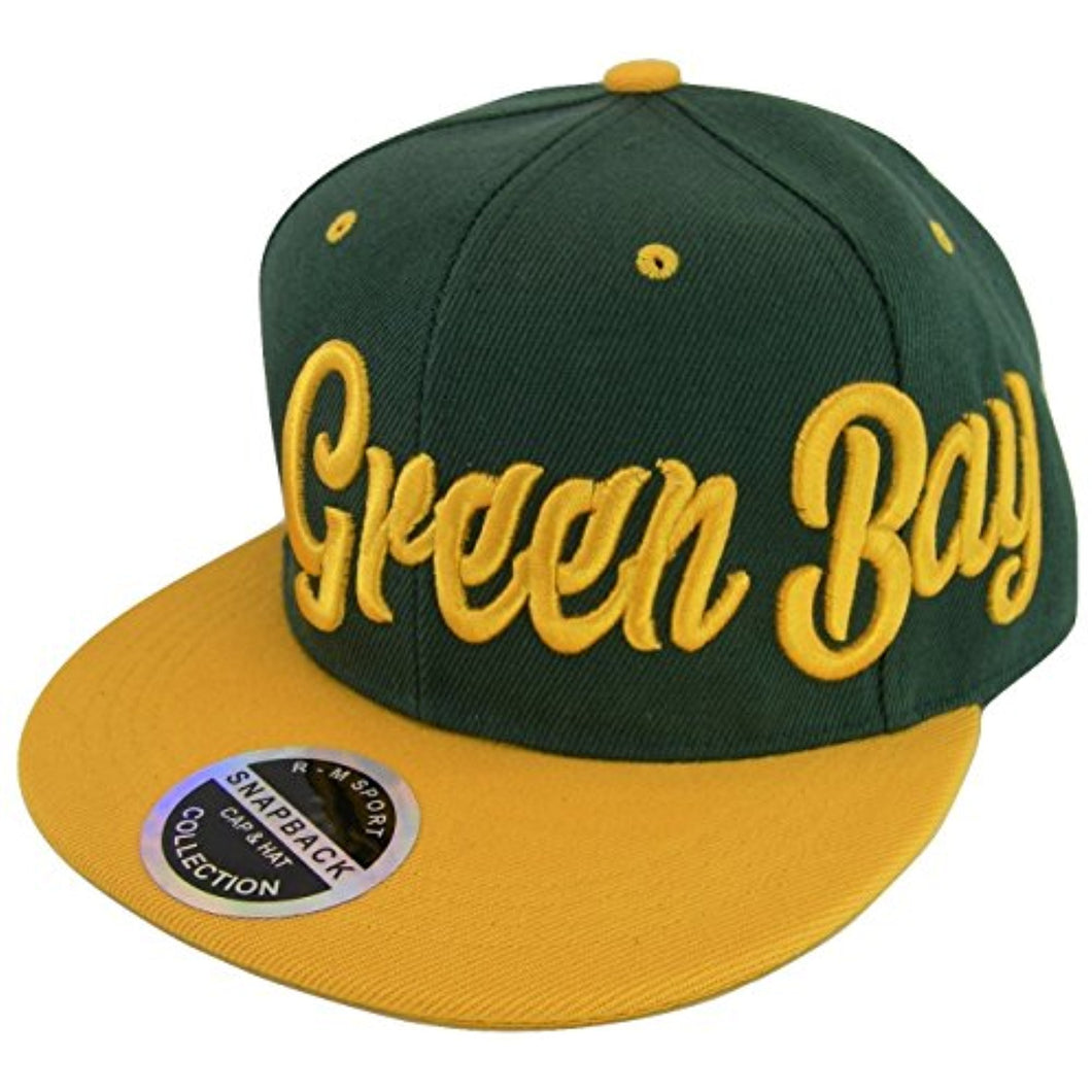 Green Bay Men's Offset Cursive Script Adjustable Snapback Baseball Cap (Green/Gold)