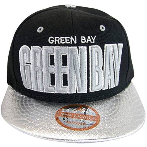 Green Bay Bold Script Men's Adjustable Snapback Baseball Caps (Black/Silver Textured)