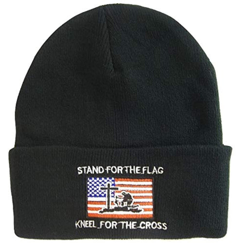 Stand for The Flag Kneel for The Cross USA Flag Winter Knit Beanie Hat (Black)