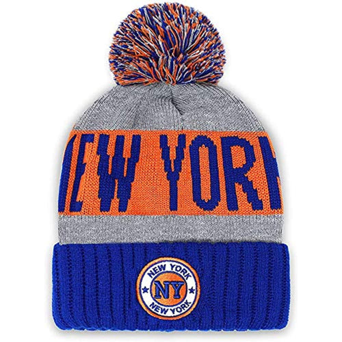 New York Men's Winter Knit Landmark Patch Pom Beanie (Royal/Orange)