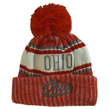 Ohio Plush Lined Embroidered Winter Knit Pom Beanie Hat (Red/Gray Script)