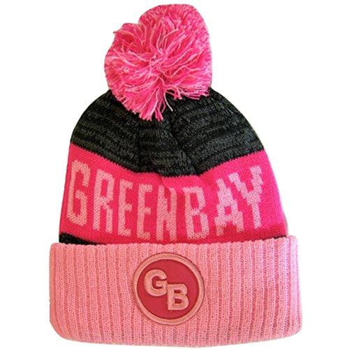 Green Bay GB Patch Ribbed Cuff Knit Winter Hat Pom Beanie (Pink/Hot Pink Patch)