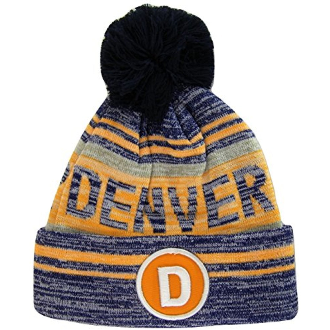 Denver D Patch Fade Out Cuffed Knit Winter Pom Beanie Hat (Navy/Orange)