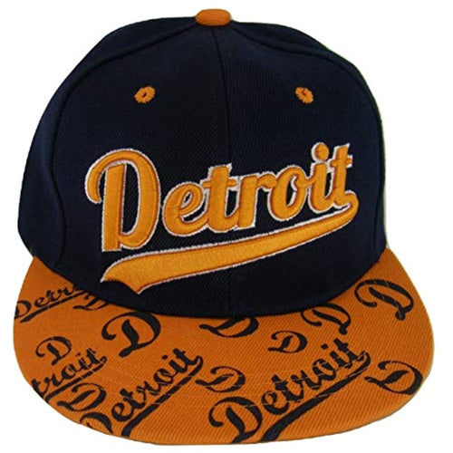 Detroit Script Print on Bill Adjustable Snapback Baseball Cap (Navy/Orange)