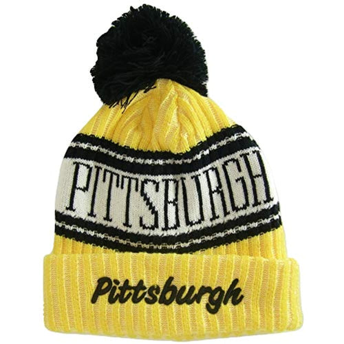 Pittsburgh Plush Lined Embroidered Winter Knit Pom Beanie Hat (Gold/Black Script)