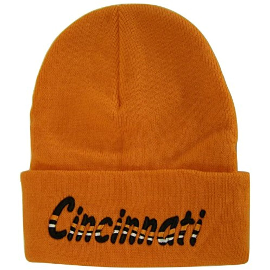 Cincinnati Adult Size Wavy Script Winter Knit Beanie Hat (Orange)