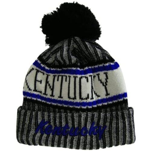 Kentucky Plush Lined Embroidered Winter Knit Pom Beanie Hat (Black/Royal)