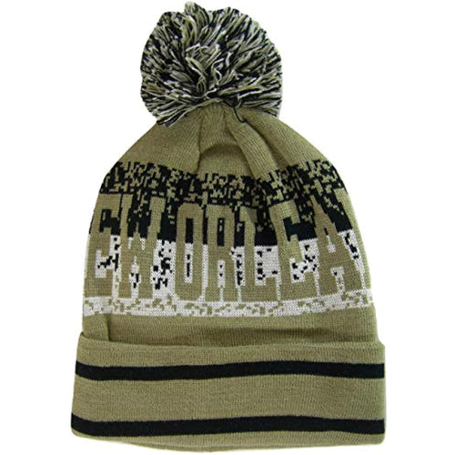 New Orleans Digital Pattern Adult Size Winter Knit Pom Beanie Hat (Khaki)