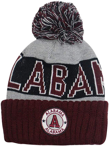 Alabama Men's Winter Knit Landmark Patch Pom Beanie (Crimson/Gray)