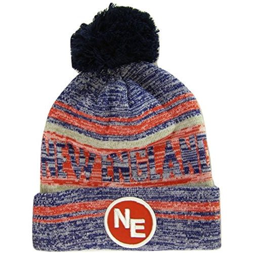 New England NE Patch Fade Out Cuffed Knit Winter Pom Beanie Hat (Navy/Red)