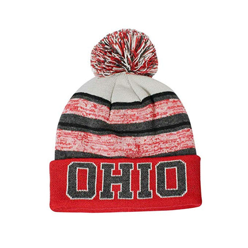 Ohio Men's Blended Stripe Winter Knit Pom Beanie Hat (Red/White)