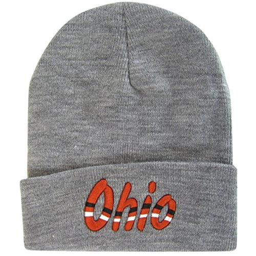 Ohio Adult Size Wavy Script Winter Knit Beanie Hat (Gray)