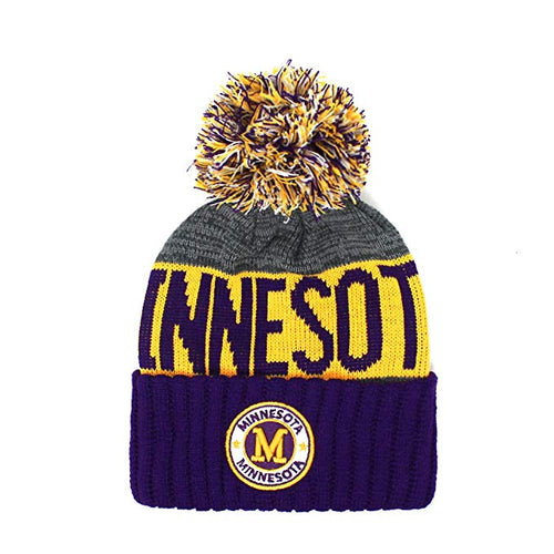 Minnesota Men's Winter Knit Landmark Patch Pom Beanie (Purple/Gold/Gray)