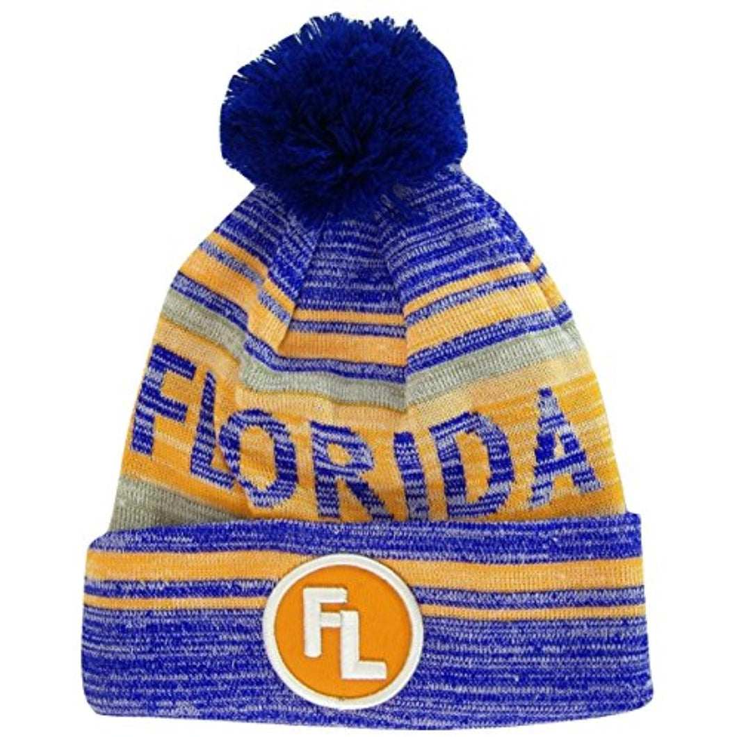 Florida FL Patch Fade Out Cuffed Knit Winter Pom Beanie Hat (Royal/Orange)