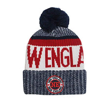 New England Men's Winter Knit Landmark Patch Pom Beanie (Navy/Red)