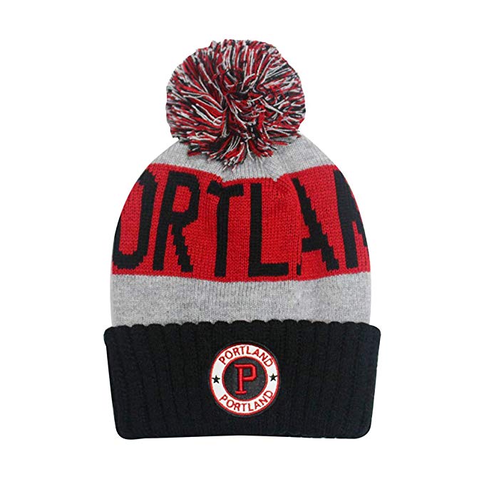 Portland Men's Winter Knit Landmark Patch Pom Beanie (Black/Red)